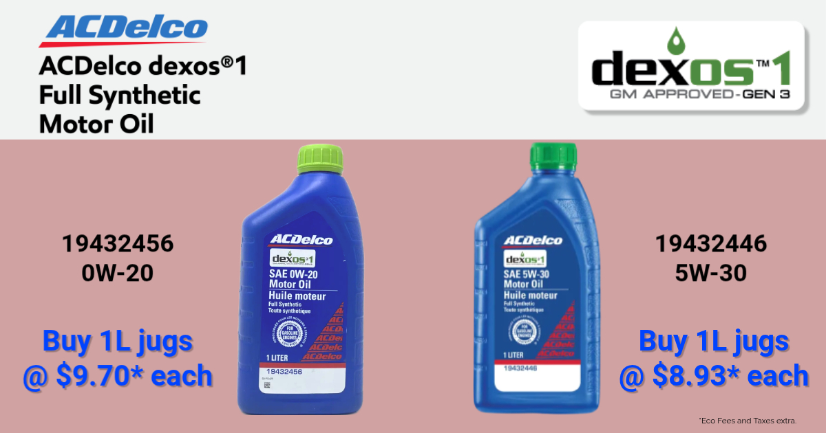 ACDelco dexos1 GEN 3 full synthetic engine oils showing 0W‑20 part 19432456 and 5W‑30 part 19432446 in 1‑liter bottles